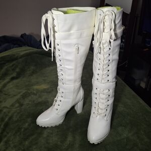 ShoeDazzle Rangi Bright White Lace-Up Knee-High Boots for Women